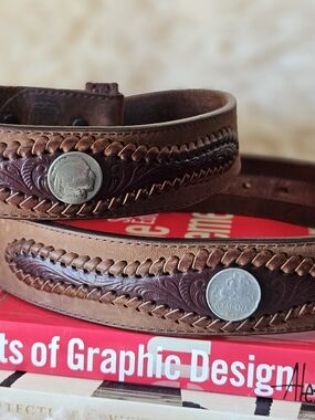 Vintage 1970s Western Handcrafted Leather Men’s Belt Coin Accent Buffalo 42